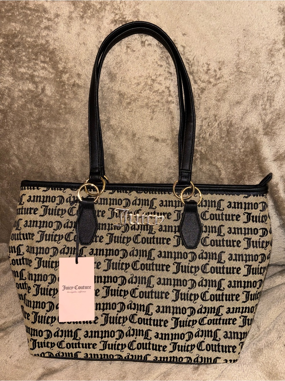 NWT Juicy Couture Black Tan Gothic Logo Monogram Tote Bag Rhinestone Charm